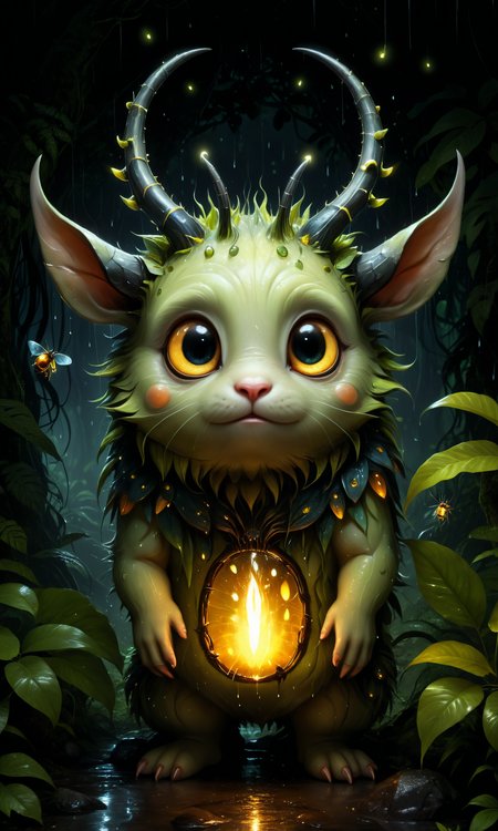"nature art by Henri Rousseau, Henry Darger and Dee Nickerson, -artistmedium-, \"adorable, fluffy, round, creature with horns, fireflies, rain forest, beautiful, night\", cool colors, perfect background, dynamic, warm light, stunning, highly detailed, aesthetic, Contemporary painting