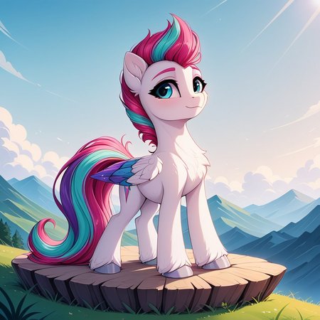 resolution, masterpiece, high resolution, (SOLO: 1.2), wild, detailed background,
Misty Brightdawn, blue body unicorn,( eyes green:1.1) ,,solo plain background, , solo,, mountains, landscape, sky, double oar, one hoof on a stone  <lora:zipp_storm:1> Zipp Storm pony, pegasus, white body, eyes, silver hooves, long wings with blue and purple feathers, purple mane with pink and turquoise strands combed back covered with gel, Her tail is the same color and medium length, blue eyes, pink eyebrows