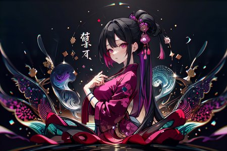 highly insanely detailed, masterpiece, top quality, best quality, highres, 4k, 8k, RAW photo, (very aesthetic, beautiful and aesthetic),  
(code_style,codestyle),traditional chinese text,japanese text, 
<lora:CodeStyle (half generic class)_564920:1>, 
(1girl:1.3), 1other, 
downtown,city,pure black background,pure purple background,pure magenta background,(color splash background,color bokeh background,psychedelic color background),âââ
