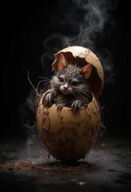 a broken egg, from which emerges an adorable little furry creature, mist, pack shot, dramatic light, dark background with reflections, g1g3r by giger,
