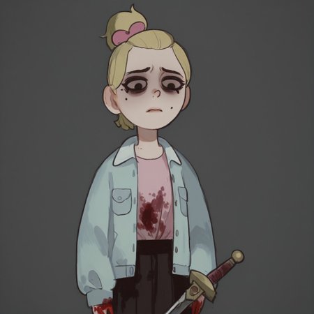 Sasha, 1girl, alone, short stature, blonde hair tied in a ponytail with a dark pink bow, mole on left cheek, light blue jacket, light pink shirt, 
Mossastyle
Sasha with a sad, dull look and dark circles under her eyes. Sasha cries as she (((hugs a sword)))). Blood on her hands, blood on her clothes.. Half body