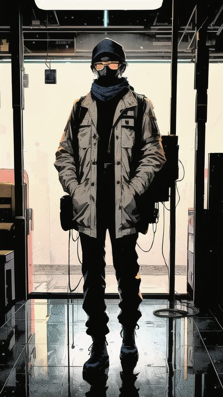 military man, waiting for train, white warm jacket, hiking boots, neck warmer, military backpack, listening to music, reflective floor, very cold, snowing, strong wind, narrow sunglasses, wet floor, radio backpack, half body portrait, fleece mask, a lot of scarf, (orange light, blue light:1.3), power lines, cables