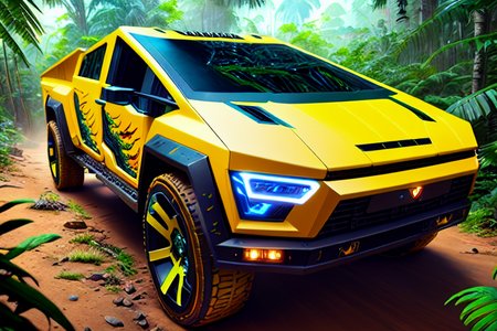 <lora:forestoftemptation_Lora300:1> digital painting of a dark cybertruck  in a jungle, splashes of yellow color, dragon claw marks,  highly hyper detailed and intricate environment. epic. depth of field. 8K.