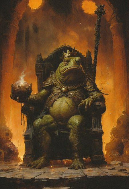 King Toad sits majestically on his kingly chair, a giant toad whose crown glints in the dim light of his throne room. In one webbed hand, he holds a scepter, symbolizing his unchallenged rule over the swamp lands. The other grips a smokey glass filled with a caustic liquid that bubbles ominously. Around him, minions scurry, their arms laden with plates of sausages, a feast for their ruler. The air is filled with a mix of reverence and trepidation, as all who enter his domain acknowledge his supreme authority., 
in the style of the decaying empire of Wurstreich, dark magic and grotesque creatures abound, inspired by Sean Aaberg's punk aesthetic, dark fantasy world combines grim landscapes with vibrant, exaggerated colorful art, heroes skirmish monstrous foes in a setting where rebellion, decay, and mysticism intertwine, crafting a unique, immersive vibe
, the scene is captured in dimly lit dark fantasy but vibrant colors, with bold ink lines defining form against the watercolor wash of the aged paper