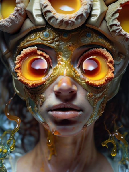 art by Jon Dyer Baizley, woman dripping egg yolks, eyes dripping honey.  skin texture, highly detailed eyes, hyperrealism, highly detailed skin, intricate details, best quality, 8k, (art by alphonse mucha),  <lora:sdxl_photorealistic_slider_v1:1.5>