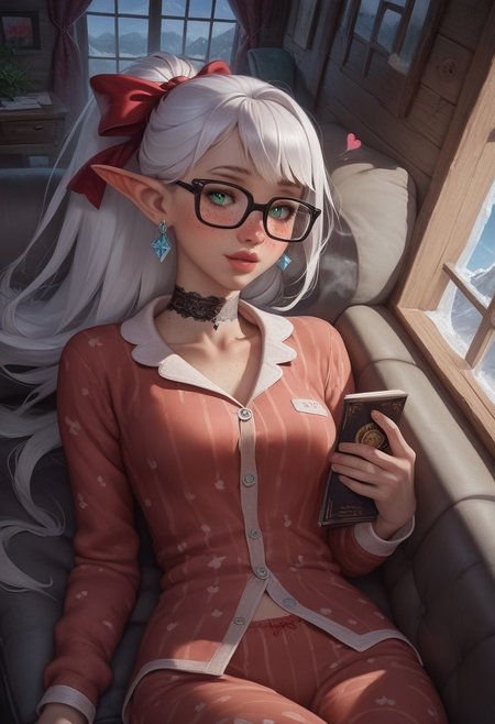 score_9, score_8_up, score_7_up, score_6_up, score_5_up, score_4_up, (hyperdetailed photography:1.5),( soft lighting:1.5), (bright lighting:1.5), (flat lighting), perfect face, 1girl,(floating hearts:2), (cowboy shot), (detailed background), detailed face, high angle pov, BREAK, 
(2girls), (multiple girls:1.5), sisters, (glowing green eyes:1.5), bright eyes, (platinum hair:1.6), (high wavy ponytail:2), (hair ribbon:2), (asymmetrical bangs), (feathered bangs:1.7), wavy hair, (freckles:2.2),( elf ears:1.5),( elf girl:1.5), (french girl), (steamy breath:2), (blushing:1.4), (very pale skin), (happy:1.5), (yandere), (loving expression), (hourglass figure), (wide hips), small waist, slender, petite, BREAK, (lace choker:1.5), (rectangular glasses:1.6),(diamond earrings:1.5), (pajamas:1.5), lip gloss, BREAK, 
(laying down on couch:1.5), laying down, reading book, holding book, 
Indoors, living room, (log cabin), window, snowy landscape in window, beautiful curtains, cherry blossoms, , daytime, (beautiful sky:1.5), (colorful sky:1.5), (sunny day:1.5), (modern cabin:1.5),