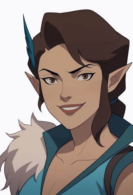 score_9, score_8_up, score_7_up, BREAK,
1girl, vexahlia, brown hair, brown eyes, dark skin, pointy ears,
blue dress, fur shoulder pad,
upper body, smile, solo, looking at viewer, simple background, white background  <lora:VexahliaPDXL_byKonan:1>