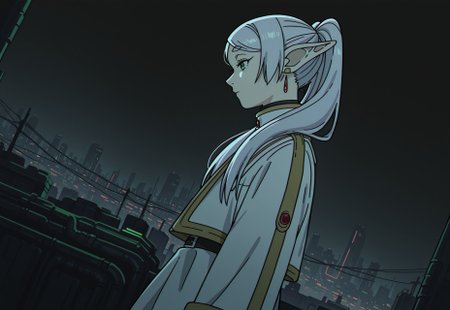 1girl, frieren, solo, close up, elf, from angle, outdoors, cyberpunk city,from side, from above, cowboy shot, night, neon, pollution, black sky, skyscrapers, dystopian