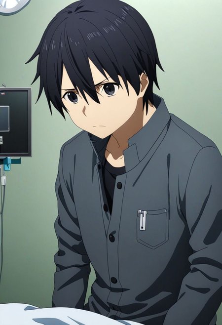 high resolution, professional photography, best quality, 1Boy, Kirigaya Kazuto, Black Hair, Black Eyes, overalldetail, operating room, sick, helpless, patient, hospital