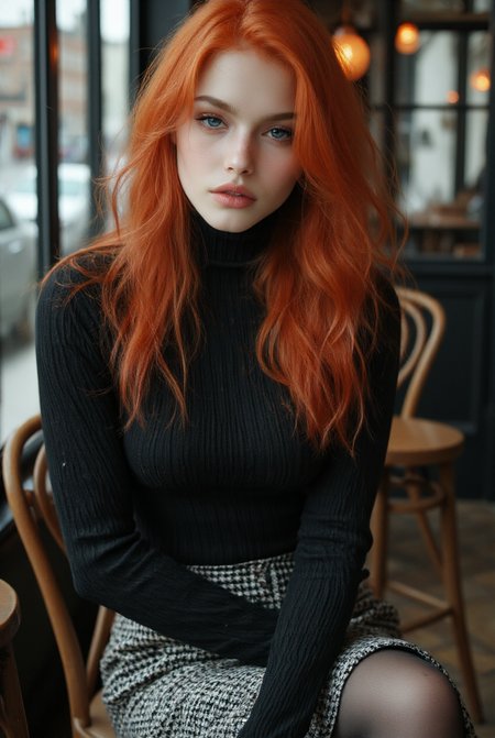 a woman (Aliciaw90) with long ginger hair and sparkling grey eyes sits in a cafe, black turtleneck jumper, houdstooth skirt, black pantyhose,  <lora:midjourney_whisper_flux_lora_v01:1>,  <lora:lora:1>,  <lora:Aliciaw90:1>