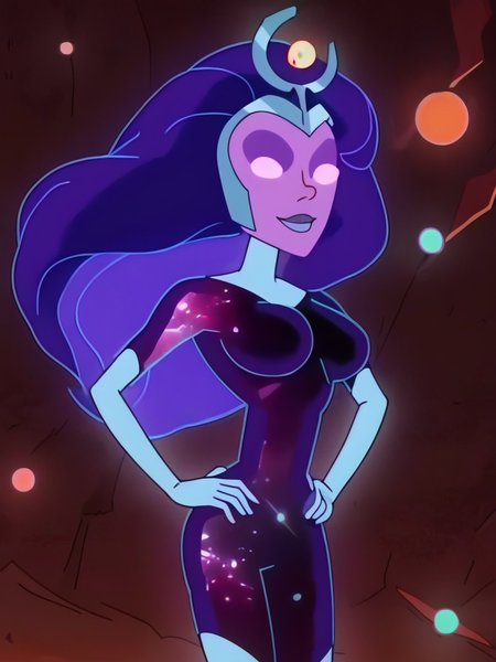 score_9, score_8_up, score_7_up, 1girl, hands on hips, leaning forward, dynamic pose, smile, looking at viewer, space, sky, stars around, cowboy shot, cute pose,
 <lora:ASuperNova_character:1>, SuperXLP, colored skin, no pupils, purple hair, long hair, purple skin, bodysuit, elbow gloves, glowing, anime screencap,