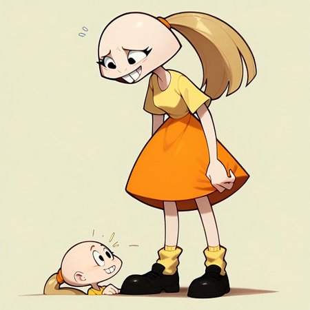 score_9, score_8_up, score_7_up BREAK pegTO, 1girl, bald head, black eyes, yellow hairclip, light brown ponytail, ponytail, buckteeth, bucktooth, no jaw, no lower jaw, half head, jawless, yellow longsleeved shirt, orange skirt, yellow socks, white black shoes,