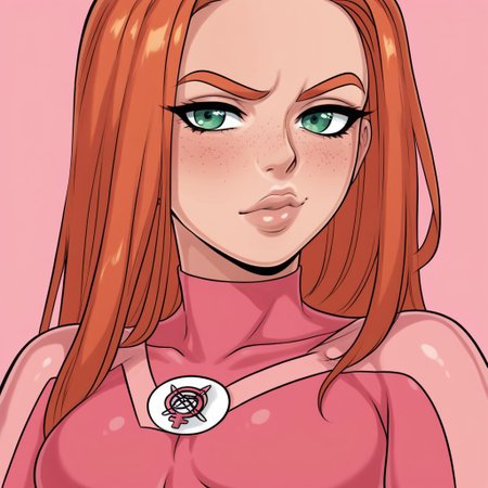 score_9, score_8_up, score_7_up, score_6_up, score_5_up, score_4_up, Expressiveh, 1 girl, solo, Atom_Eve, green eyes, orange hair, bodysuit, pink shorts, pink cape, freckles, close up of face, facing viewer