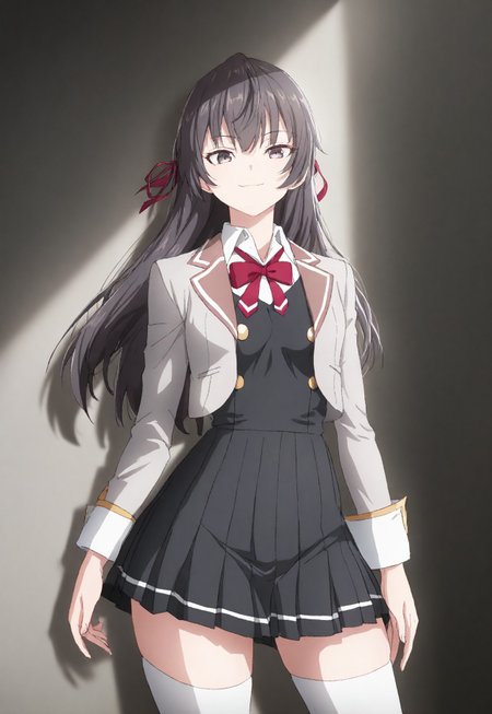 detailed, sinfully stylish, dramatic lighting, long shadows, soft light, contrapposto, anime, 1girl, solo, school uniform, dark grey pleated dress, grey jacket, white thighhighs, hair ribbon, staring at viewer, smiling, wide hips, standing, hip sway,