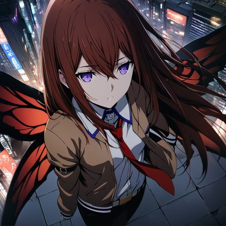 1girl, makise kurisu, steins gate, purple eyes, dark red hair, long hair, between eyes, red large butterfy wings, looking aside, standing atop of a high building, tokyo, night, from above, (absurd detail), (high quality), (4k), solo, (masterpiece), (best quality), (ultra-detailed), very aesthetic, illustration, perfect composition, intricate details