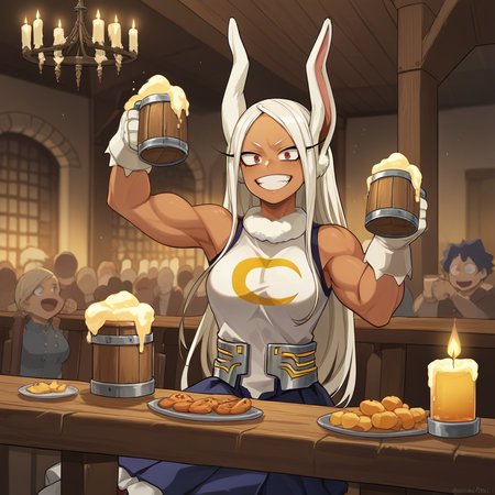 score_9, score_8_up, score_7_up, score_6_up, score_5_up, score_4_up, zPDXL2,source_anime,rating_questionable, 1girl, solo,  night, night time,sitting, medieval armor,cheering, raising beer mug, excited, Mirko From Boku No Hero Academia        , smile, <lora:Tavern:0.7> t4v3rn, indoors, tables, window, chandelier, candles, food, crowd