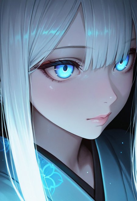 masterpiece,best quality,amazing quality, anime,
1girl, solo, A close-up of a serene anime girl with pale skin, colored skin, (white skin:1.3, long glossy white hair with bangs, long white hair, glowing blue eyes with a hypnotic effect, soft warm lighting, wearing a light blue kimono, mysterious and cozy atmosphere, detailed hair texture, cinematic lighting, dark background, ultra-detailed, 8k resolution