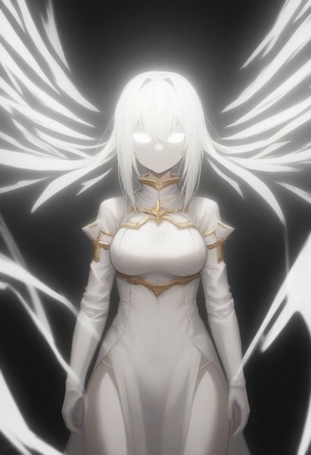 a glowing white knight woman in glowing white clothing, white glowing hair, glowing white eyes, against a black background
