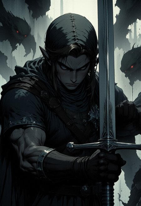 nistyle, Gritty Monochrome Manga-style, A cinematic close-up of Link, the legendary hero from The Legend of Zelda, standing in a battle-ready stance. His face is determined, his piercing blue eyes locked in focus. The camera lingers on the gleaming silver blade of the Master Sword, its legendary craftsmanship catching the dim light. Slowly, the camera begins to zoom out, revealing the eerie surroundings—dense, swirling fog obscures the battlefield. As the mist parts, grotesque green goblins emerge from the shadows, their menacing eyes glowing faintly in the darkness. They encircle Link, their snarls echoing through the misty air. The tension builds as the hero tightens his grip on the hilt, preparing for the inevitable clash. The scene is dark, moody, and cinematic, with dramatic lighting that highlights Link’s silhouette against the ghostly fog.
