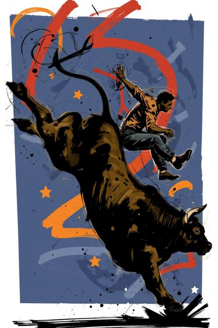 poster illustration. A man, shown in side profile, is riding a bucking bull. The bull is rendered in bold, dark tones.  <lora:posterillustration_cap_d8a4e11:1.0><lora:846205361863095545:0>