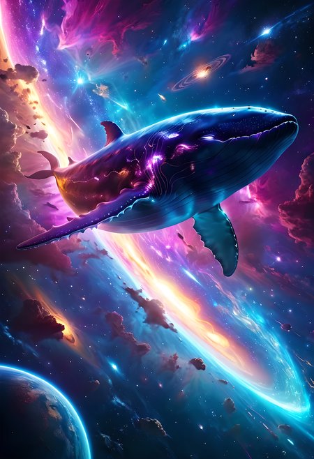 Infinite Dreamlike Illustration of a Gigantic Translucent Whale Gliding through the Vast Expanse of Space, Surrounded by a Nebula Galaxy and a Beautiful Asteroid Belt. (best quality,4k,8k,highres,masterpiece:1.2),ultra-detailed,(realistic,photorealistic,photo-realistic:1.37), ethereal lighting, vibrant colors, celestial creatures, glowing body, ethereal atmosphere, graceful movement, serene and peaceful.
