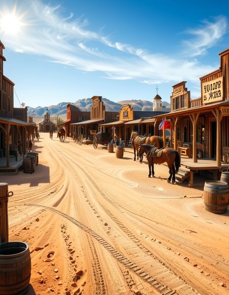 A classic Wild West town in the late 1800s, surrounded by arid desert and towering rock formations. The dusty main street is lined with wooden buildings, including a saloon with swinging doors, a sheriffâs office with a star emblem, a general store with a wooden sign, and a blacksmithâs shop with tools hanging outside. Old-fashioned wooden wagons are parked along the street, and a few horses are tied to hitching posts. The atmosphere is lively, with cowboys wearing wide-brimmed hats, boots, and leather dusters walking around, some talking near the saloon while others ride horses. The sky is bright blue with a few wispy clouds, and the sunlight casts long shadows on the ground. In the background, a water tower stands tall, and a windmill slowly turns in the breeze. The scene is full of rustic details, evoking the adventurous spirit of the American frontier.<lora:SDXLFaeTastic2400:0.4> <lora:extremely_detailed:0.4> extremely detailed, <lora:Western_v1ll4g3:1>,Western v1ll4g3, Masterpiece,best quality,hi res,8k,hi res,8k,award winning,(sharp focus, intricate, highly detailed),