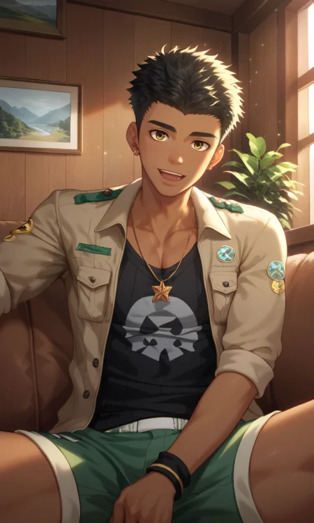 score_9, score_8_up, score_7_up, masterpiece, best quality, lots of details, close-up, ((1boy)), Kieran, slim, tan, open mouth, light smile, necklace, jewelry, looking at viewer, male focus, sitting, on sofa, jacket, sleeves rolled up, black T-shirt, green shorts, shaded, detailed shading, detailed skin, shaded skin, realistic shading, Expressiveh, countershading:1.1, cabin, living room, indoor plant, indoors,  <lora:add-detail-xl:0.7>, <lora:Smooth Anime 2 Style SDXL_LoRA_Pony Diffusion V6 XL:0.8>, <lora:Expressive_H:0.8>, <lora:Kieran_XL_V10_OPT:1>