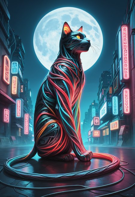 embedding:lazympos, mad-cable, cat made of glowing cables, cyberpunk, neon lights, night, full moon <lora:Cables_IL:0.49999999999999994> <lora:Trippy_Morph_Wires__Neon_by_Earth__Dusk:0.5> <lora:Challenge_Winnifier_2025-04:0>