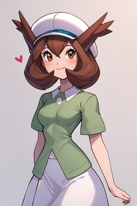 score_9, score_8_up, score_8, medium breasts, (curvy), cute, eyelashes,       BREAK, , zzBianca, brown hair, brown eyes, medium hair, hair between eyes, short sleeves, green shirt, collared shirt, white hat, skirt, white skirt, <lora:Bianca_PokemonHeroes_PDXL_v2:0.7>,, BREAK, closed mouth, alternate costume, smile, looking at viewer, blush, zzLFashion, cowboy shot,  embedding:zPDXL, Expressiveh,  <lora:Vivid:0.7>,  <lora:LFashionPDXL:1>,  <lora:Uncensored_PonyXL_cpt_v02.09:0.4>,  <lora:Expressive_H-000001:0.4>,
