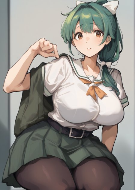 1girl, yuubari (kancolle), yuubari kai ni (kancolle), huge breast, belt, black belt, bow, brown eyes, green hair, green skirt, grey skirt, hair bow, neckerchief, orange neckerchief, pantyhose, pleated skirt, ponytail, school uniform, serafuku, short sleeves, sitting, skirt, solo, tank top, white bow,handfixer <lora:HandFixer_pdxl_Incrs_v1:1>  <lora:ã¤ãã«ãã¢eipelppa:1>