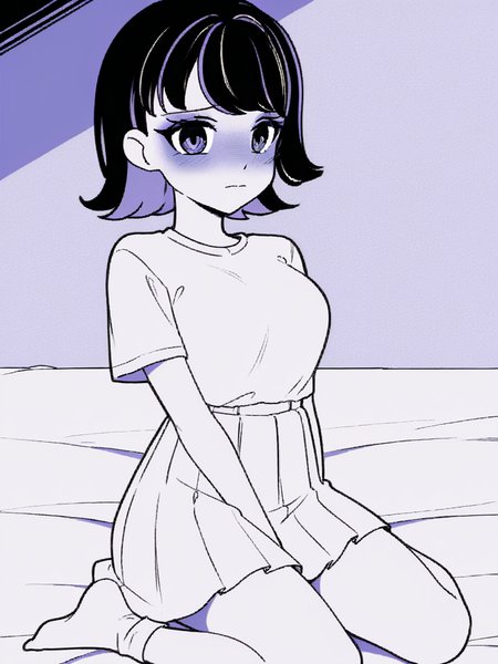 1girl, monochrome, purple theme, 

medium hair, black hair, two tone hair, purple hair, 
white t-shirt, white skirt, white socks,  kneeling, on bed, wariza, shy, blush, closed mouth, looking at viewer,