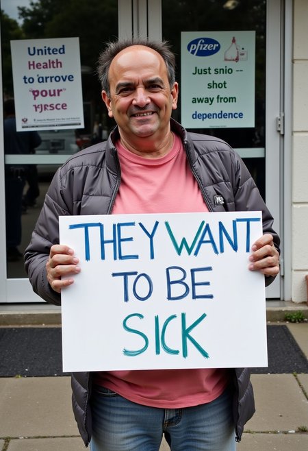 (A very sick individual:1.2), hold sign that reads, "they want to be sick", standing outside clinic, (posters reading, "United Health to help improve your disease", "pfizer just a shot away from dependence"