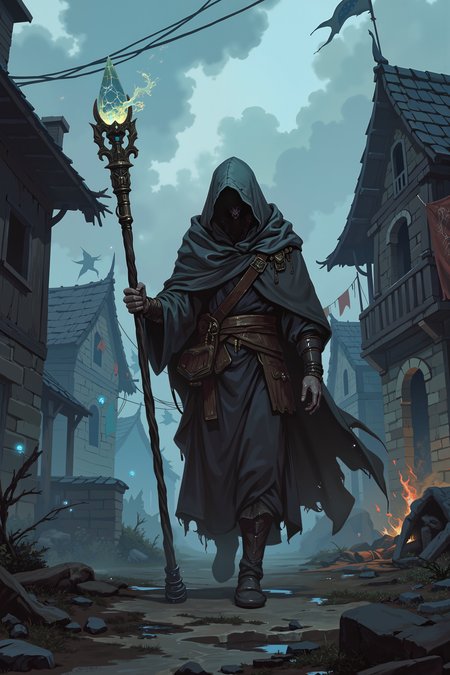 A ruined village engulfed in a dense, swirling fog. A tall, gaunt figure draped in a soot-stained cloak walks slowly down the main street, holding a crooked staff topped with a cracked, glowing crystal. Torn prayer flags flutter in the cold wind, and the burned-out remains of houses loom like skeletal shadows. Faint blue fireflies hover around the figure, illuminating their hollow eyes and the ghostly trails they leave behind. The scene is filled with quiet sorrow and lingering despair. , detailed background  Fantastic lighting. Detailed shadows.intricate details, vivid colors, hyper-detailed, ultra-sharp, , <lora:XRSTYLE_FLUX:0.5><lora:RetroAnimeFluxV1:0.4><lora:MoriiMee_Gothic_Niji_Style_FLUX:0.3>