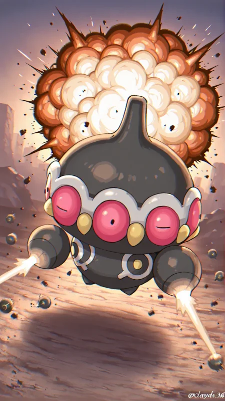 claydol,pokemon \(creature\),1other,red eyes,<lora:Claydol_-_Pokemon_r1:1>,bomb,explosion,explosive,outdoors,exploding in a fit of anger or indignation,surprised,