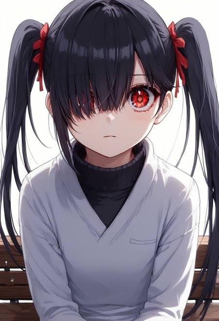 1 girl, detail1eye, solo, black hair, red eye, long hair, twintails, hair over one eye, detail1eye, sitting on bench, lolitafashion,