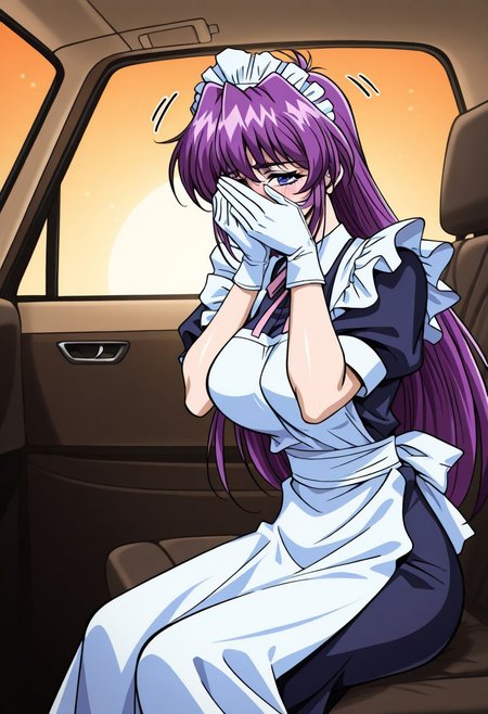masterpiece, best quality, newest, highres, uncensored, 1girl, yokota mamoru style,1girl,,motion lines 
Mikado Shizuru OVA2,1girl, purple hair, long hair, Long hair, Side hair, Spiky Bangs, Violet hair, Waist Length hair,Blue eyes, Hosome eyes,large breasts,slim,
At sunset, sitting in the car, covering my face with my hands, shy，1girl，solo,maid,maid headdress, apron, frills,Evening Gloves, Ribbon Hair Tie