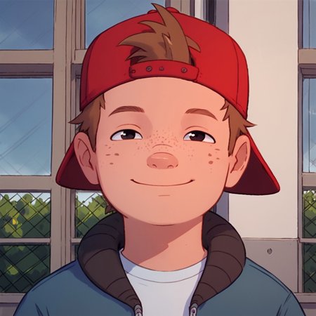 score_9, score_8, score_7, Expressiveh, young, looking at viewer, perfect face, colorful, dramatic angle,  school yard, bluejeans, school building in background, , smile, red hat, backwards hat, shirt, jacket, brown hair, freckles, 1boy, solo, full body.