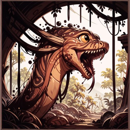 score_9, score_8_up, score_7_up, score_6_up, score_5_up, score_4_up, ink splats around border, gleaming metal snake made of copper, in the workshop of a wizard, lightning shooting from its open mouth, feral, armless, forked tongue, jungle temple