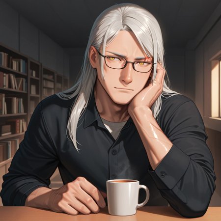 masterpiece, best quality, amazing quality, absurdres, newest, detailed background, definition so sharp, Ultra-HD, 8K cinematic, very awa, impressionate, amazing quality, highres, 
solo, male focus, manly, shadow, shiny skin, mature male, extream close-up, soft coloring,
mitsuhisahachiya, mitsuhisa_grey hair, mitsuhisa_yellow eyes, 1boy, long hair, scar across eyebrow, intelligent, witty_smile, charming, glasses, books, university, professor, smart_casual_attire, approachable, kind_eyes, thoughtful_expression, cup_of_tea, warm_lighting, gentle_laughter