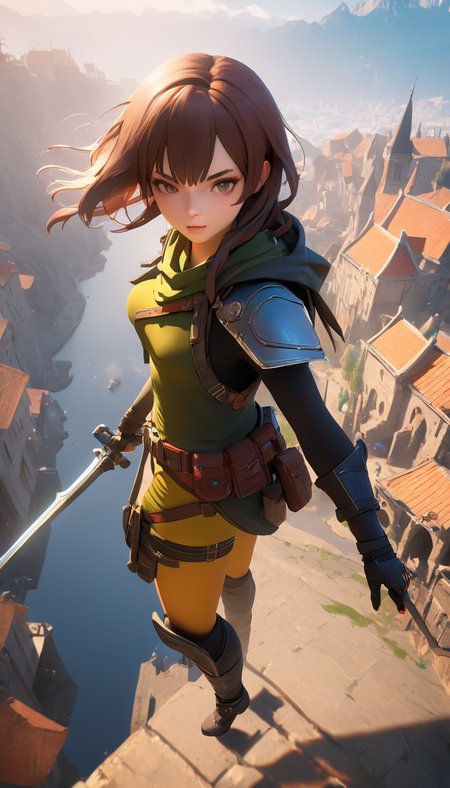 1girl, rogue, hero view, action pose, cinematic scene, scenery, detailed background, masterpiece, best quality, high quality, highres, absurdres, very detailed, high resolution, sharp, sharp image, 8k, vivid, colorful  <lora:hisiya_xl_v1:1>