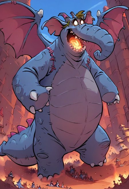 (score_9 | score_8_up | score_7_up) ((masterpiece:1))(best quality,very high quality,ultra detailed:1.2) (2D,cartoon style,anime style)(Smooth:2)(clean blurring) (four fingers on each hand,one thumb on each hand:1), 
Abu elephant, elephant, solo, brown hair, grey skin, black eyes, trunk, trunk nose, elephant trunk, elephant ears, wearing a blue dragon costume, Dragon costume, giant, monster, final form, sharp teeth, claws, spikes, horn, wings, tail, glowing, glowing eyes, full body