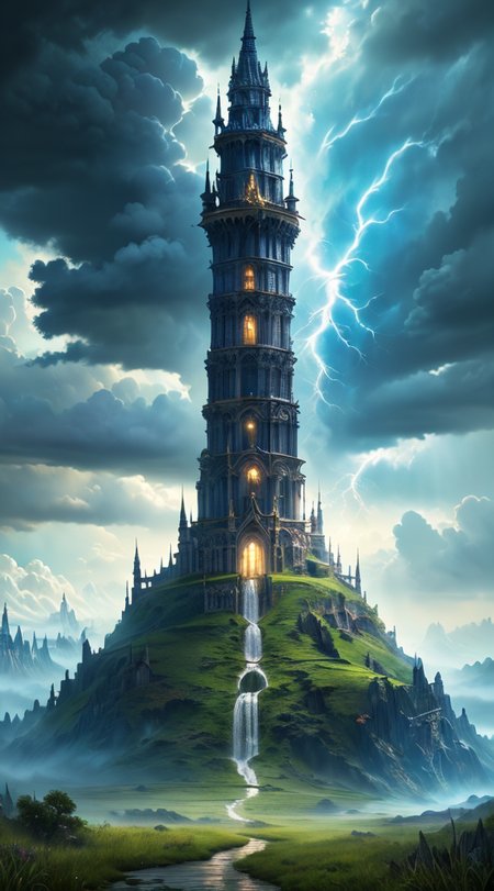Masterwork Painting, Magnum Opus, 
HDR photo of 
Dreamscape, 
ethereal fantasy concept art of  
 <lora:Wizard_Tower-10:0.75> witow, castle, cloud, cloudy sky, grass, no humans, scenery, sky, tower, tree, 
 <lora:locon_conceptlightning_v1_from_v1_64_32:1> lghtnngprsn, lightning, storm,
. magnificent, celestial, ethereal, painterly, epic, majestic, magical, fantasy art, cover art, dreamy,
. Surreal, ethereal, dreamy, mysterious, fantasy, highly detailed,
. High dynamic range, vivid, rich details, clear shadows and highlights, realistic, intense, enhanced contrast, highly detailed,
  highres, 8k, uhd, High Dynamic Range, tonemapping, crisp details,  intricate details, fine details