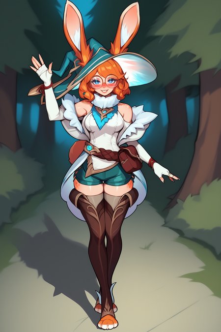score_9, score_8_up, score_7_up, score_6_up, BREAK, AuroraLoLPXL, glasses, blue eyes, orange hair, short hair, rabbit ears, animal ears, ears through headwear, witch hat, rabbit tail, medium breasts, off shoulders, white jacket, white dress, green shorts, short shorts, brown thighhighs, rabbit feet, solo, full body, standing, waving, seductive smile, looking at viewer, naughty face, nose blush, forest, tree <lora:AuroraLoLPXL:1>