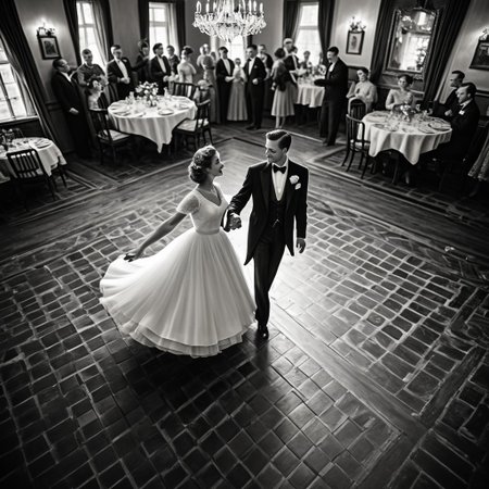 1male, 1female, Graceful couple in stunning vintage outfits, dancing elegantly with poise in a vintage-era setting, retro black and white theme, capturing timeless elegance, focus on the couple as they move gracefully together, with a collection of cherished couple photos displayed in the background, viewed from a bird's-eye perspective, adding depth and a unique angle, enhancing the nostalgic and romantic ambiance.
