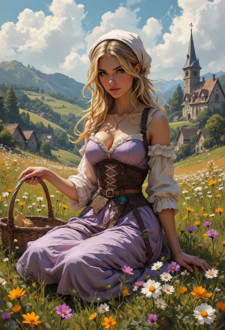 A serene and detailed image of a young, beautiful german peasant lady, 20yo, in a pastoral setting.  golden-blonde hair cascading in soft waves beneath a white headscarf. Her attire is a vintage, medieval-inspired dress in soft lavender tones with a fitted, lace-up bodice with  bare shoulders, cleavage. She is seated in a vibrant meadow filled with colorful wildflowers, holding a simple basket, exuding a tranquil and happy demeanor. The background features a picturesque countryside village with thatched-roof cottages, rolling green hills, and a tall church steeple under a sunny, slightly cloudy sky. The overall atmosphere is peaceful, idyllic, and reminiscent of a pastoral oil painting with fine details and a soft, romantic color palette. <lora:aidmaFLuxPro1.1_v0.3:0.65> aidmafluxpro1.1 <lora:flux.1_lora_ink-dynamic:0.7>  <lora:Anime v1.3:0.6>
