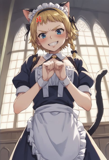 1girl, blonde hair, short hair, twin braids, o ring, blue eyes, maid uniform, maid headress, cat ears, hair bow, cat tail, miniskirt, apron, covering crotch, blushing, nevervous smile, indoors, mansion, anger vein, <lora:Leina XL:0.8>, score_9, score_8_up, score_7_up, score_6_up, score_5_up, score_4_up, BREAK source_anime, masterpiece
