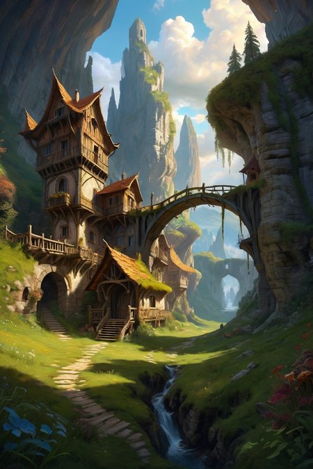 abandoned elf village in forest, crumbling houses, crystal canyon ruins where fossilized wood beams refract rainbow bridges, the cliffs echoing with mineral resonance chants, cinematic view, epic sky, detailed, concept art, low angle, high detail, warm lighting, volumetric, godrays, vivid, beautiful, trending on artstation, by jordan grimmer, huge scene, grass, art greg rutkowski,
 <lora:detailed_notrigger:0.7>, <lora:add-detail-xl:0.3>, oil painting art style from Renaissance period, masterful composition, Renaissance mood, renaissance oil painting, brush strokes, Baroque art style, dynamic composition, dramatic lighting, rich colors, intricate details, professional-grade execution, captures the grandeur and theatricality of the Baroque period