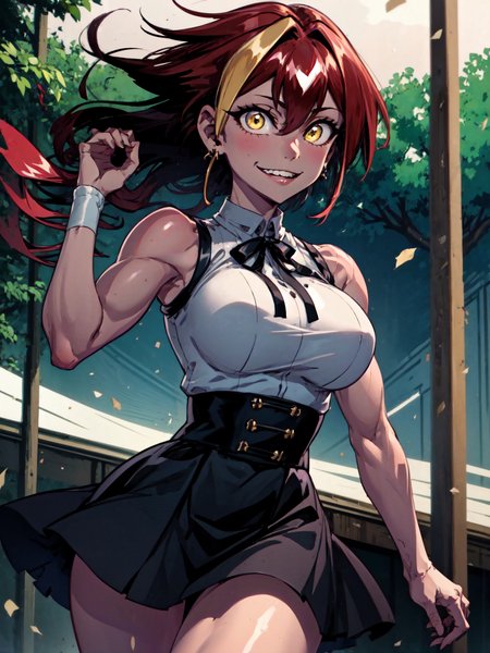 (masterpiece:1.2, best quality:1.2, beautiful, high quality, highres:1.1), detailed, extremely detailed 4K, perfect eyes, perfect face, perfect lighting, <lora:add_detail:0.25>,
(1girl, solo, adult female, mature female), <lora:concept_goodHands:1>, <lora:detailed_eyes:1>,
 <lora:character_marleBarrockReincarnationColluseum_(marle barrock):0.9>, marle barrock,  cowboy shot, sharp teeth, large breasts, dark-skinned female, looking at viewer,  outside, ringed yellow eyes,
smile, parted lips, makeup, light blush, shy pose, trees, windy, shy smile, 
<lora:concept_costume_virginKillerOutfit_v10_(virgin killer outfit):0.9>, large breasts, virgin killer outfit, sleeveless shirt, high-waist skirt, cowboy shot, neck ribbon, muscular, biceps, billowing skirt, windy, hand in hair, taut shirt, leg muscles,
