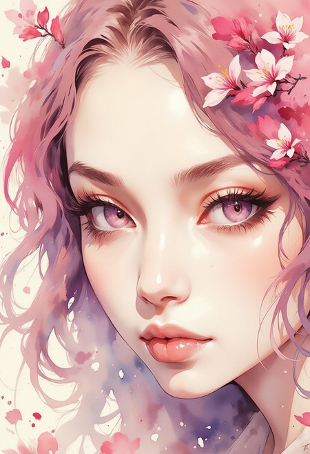 A dinkfsn style ink wash painting of a graceful close-up portrait of an Asian woman staring at the viewer. Her skin is so pale it is semi-translucent, like a polished crystal. Her eyes are a light purple color, framed with gold and black eyeshadow and her lips are a glossy pick color. The stippled lighting focuses on the face, creating strong highlights and shadows. The background is softly blurred showing a sea of cherry blossoms petals, but is blurred and out of focus so all visual attention is on the woman's eyes, nose and mouth. Her pink, curly, long hair blends in with the background. The overall impression is one of dramatic beauty, with an almost otherworldly quality.  (((ultra-realistic style))), realistic soft lighting, eye-catching, atmospheric lighting, natural, shallow depth of field, (highlights: 0.8), high detail (dynamic, sincere, cinematic shot, film grain, bokeh, depth of field)