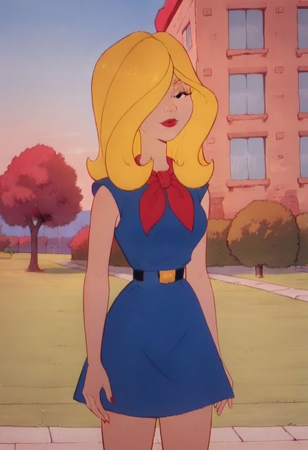 score_9, score_8_up, score_7_up, rating_safe, 1980s (style), retro artstyle
FA_Cindy_Collins, 1girl, blonde hair, long hair, hair over one eye, lipstick, red lips, blue dress, red neckerchief,
solo, standing, upper body, outdoors, Dynamic pose, trees, sky, cowboy shot, looking at viewer